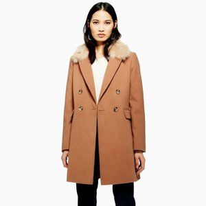 Tan Topshop Faux Fur Collar Coat, US Size 12